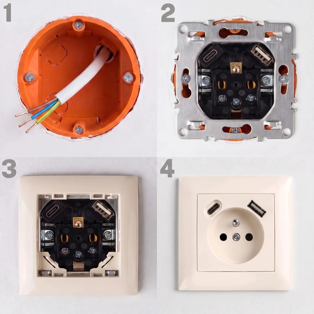 Toolight Viengubas Lizdas Su Įžeminimu + Usb-a Usb-c Oste Jnh004-g rusvai gelsvas