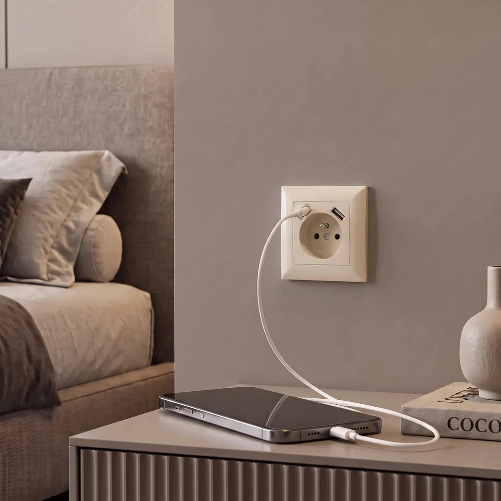 Toolight Viengubas Lizdas Su Įžeminimu + Usb-a Usb-c Oste Jnh004-g rusvai gelsvas