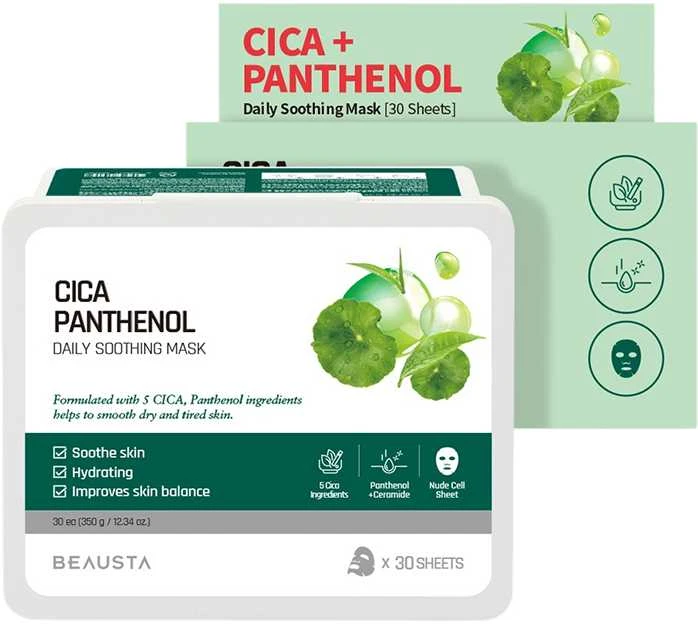 BEAUSTA Cicarecipe Daily Soothing Care Mask 30 sheets - lakštinės kaukės su Cica kompleksu, 30 vnt.