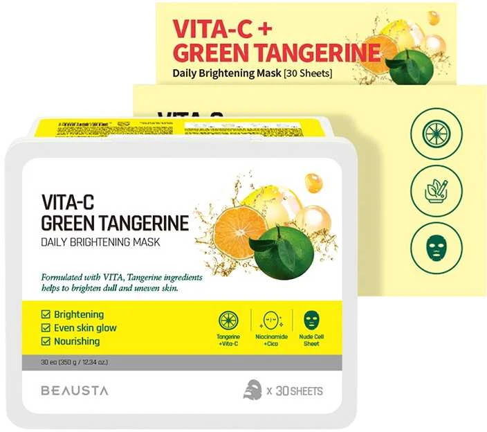 BEAUSTA Cicarecipe Žalias Tangerine Daily Vita Mask - lakštinės kaukės su žaliųjų mandarinų ekstraktu, 30 vnt.