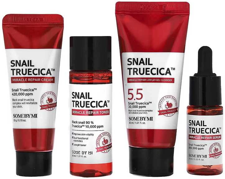 „Some By Mi“ – sraigių „Truecica Miracle Repair Starter Kit“ rinkinys, kelioninių dydžių dovanų dėžutė