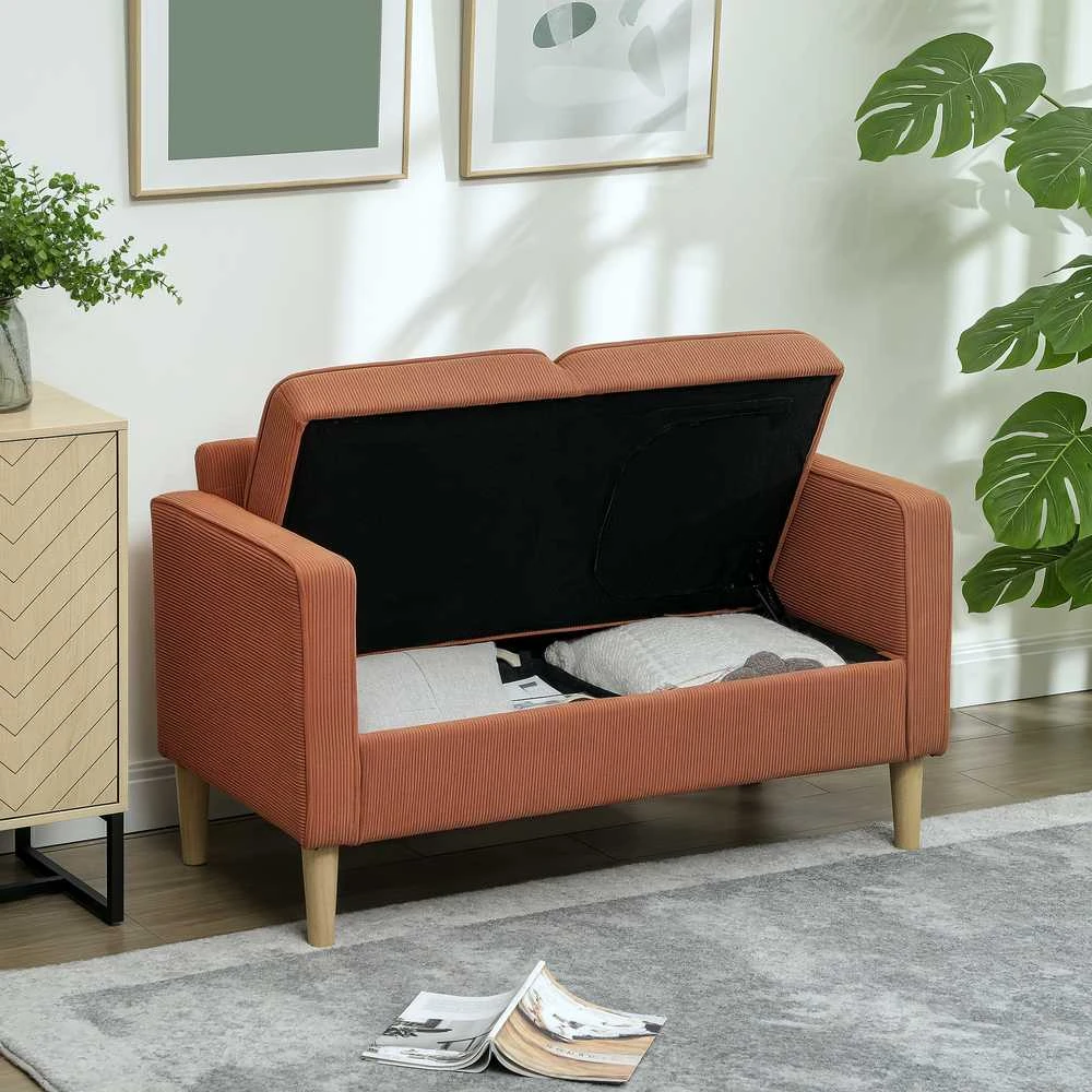 HOMCOM 2 vietų sofa, maža sofa su porankiais, daiktadėže, moderni gobeleninė sofa, velveto išvaizda, medinės kojelės, pagalvė, poilsio sofa svetainei, miegamajam, 117 x 63 x 79 cm, rožinė
