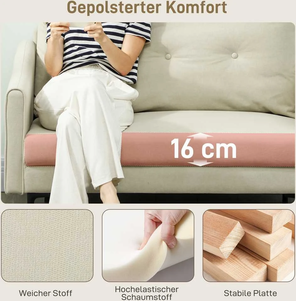 HOMCOM 2-vietė sofa su porolono paminkštinimu ir medžiaginiu apmušalu, skirta svetainei, miegamajam, metalinis rėmas, kreminė balta