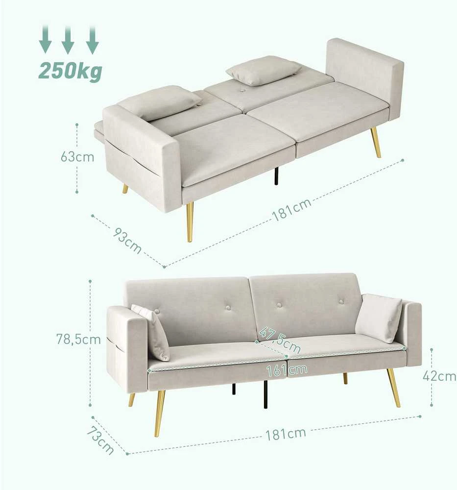 HOMCOM išskleidžiama sofa, miegamoji sofa su reguliuojamu atlošu, šonine kišene, paminkštinta 2 vietų sofa su miegamąja funkcija, pagalvėmis, svetainei, miegamajam, smėlio spalvos