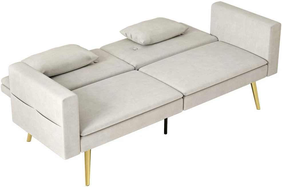 HOMCOM išskleidžiama sofa, miegamoji sofa su reguliuojamu atlošu, šonine kišene, paminkštinta 2 vietų sofa su miegamąja funkcija, pagalvėmis, svetainei, miegamajam, smėlio spalvos