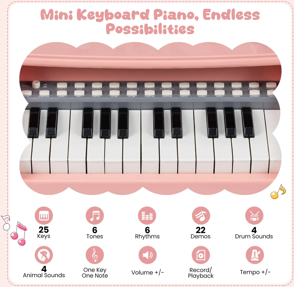 25 klavišų pianinas rožinė ir pilka
