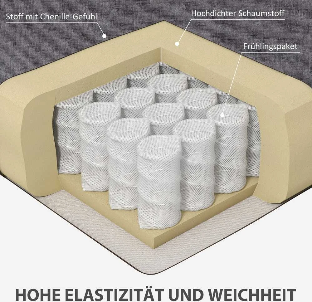 HOMCOM 3 vietų sofa, svetainės sofa 3 asmenims, medžiaginis apmušalas, plieno rėmas, minkšta sofa, pilka