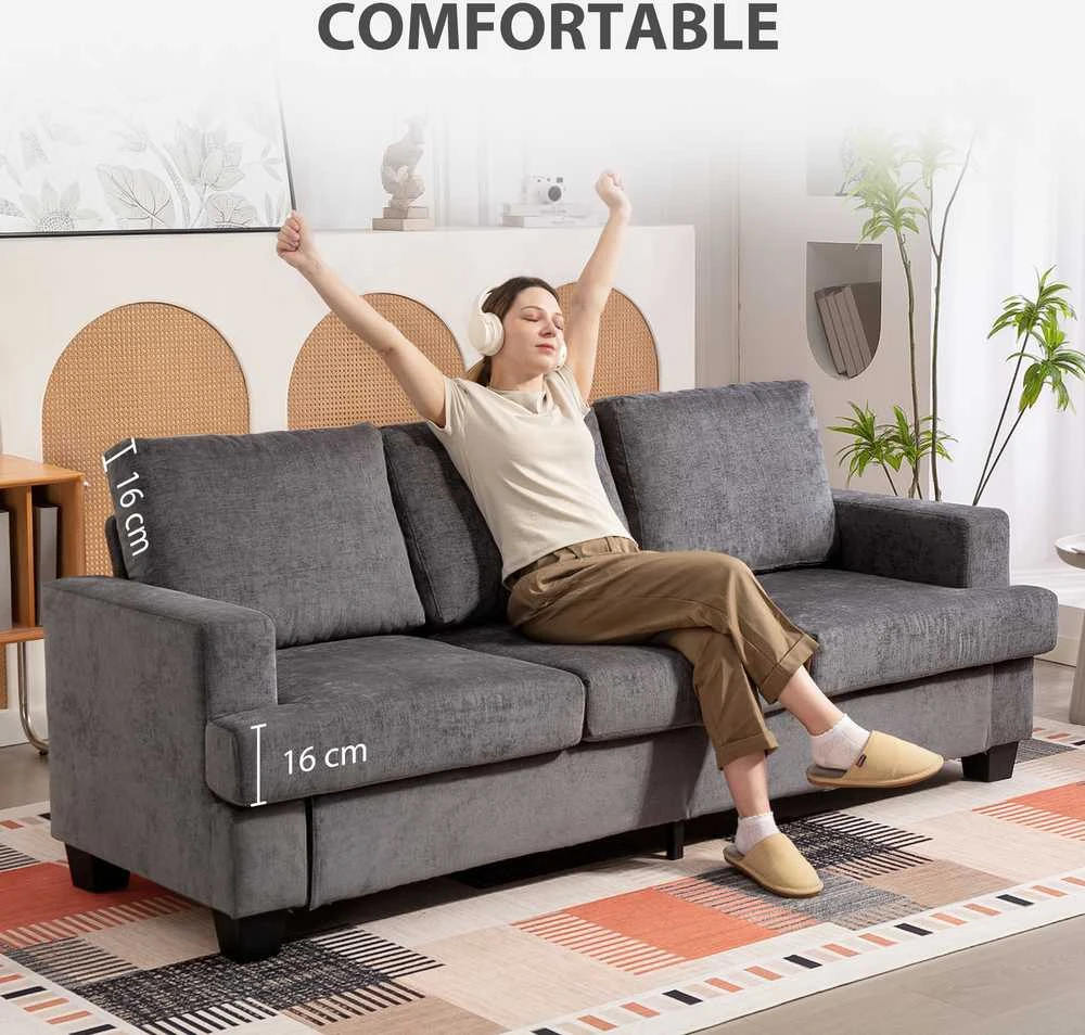 HOMCOM 3 vietų sofa, svetainės sofa 3 asmenims, medžiaginis apmušalas, plieno rėmas, minkšta sofa, pilka