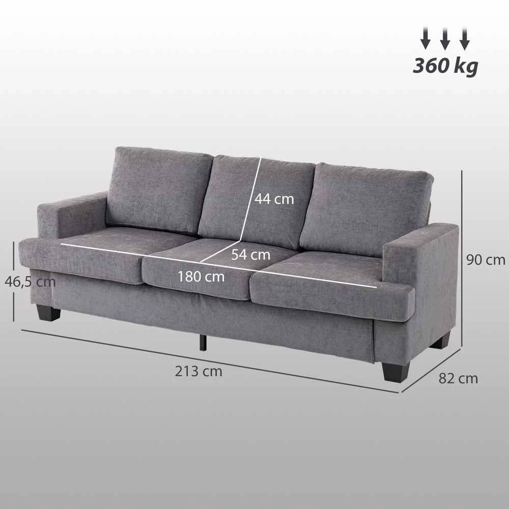 HOMCOM 3 vietų sofa, svetainės sofa 3 asmenims, medžiaginis apmušalas, plieno rėmas, minkšta sofa, pilka