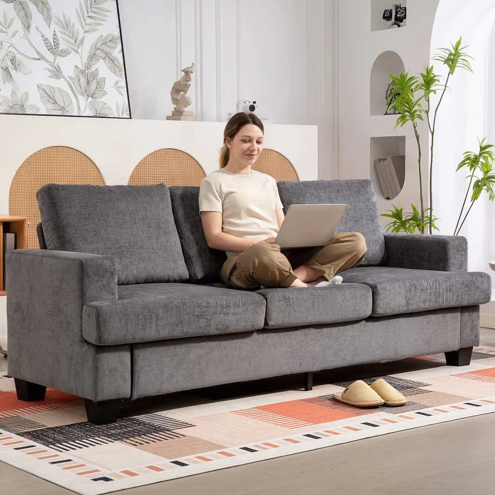 HOMCOM 3 vietų sofa, svetainės sofa 3 asmenims, medžiaginis apmušalas, plieno rėmas, minkšta sofa, pilka