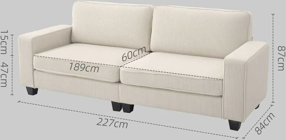 HOMCOM 3 vietų sofa, svetainės sofa su porankiais ir nugaros pagalvėmis, velveto apmušalas, spyruoklinis blokas, 227 x 84 x 87 cm, kreminė balta