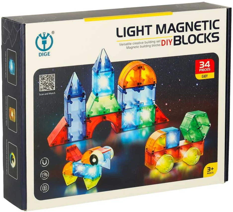KIK 3D konstrukcijų magnetinės plytos LED šviečiančios 32 el.