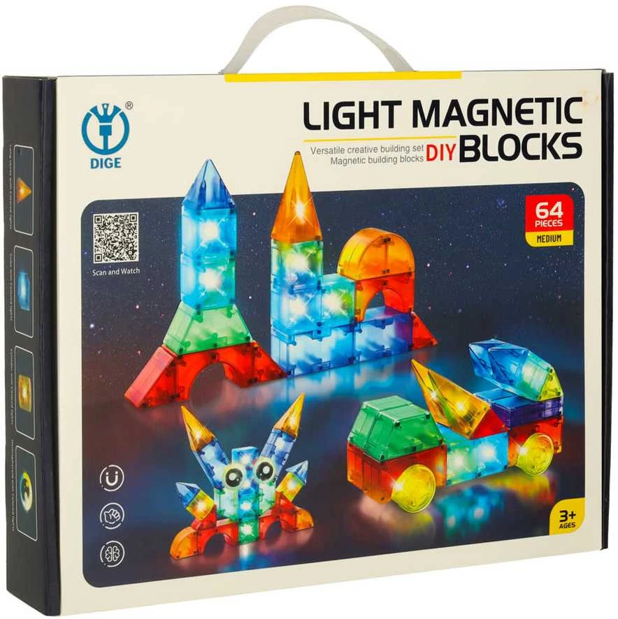 3D konstrukcinės magnetinės plytos LED šviečiančios 64 vnt.