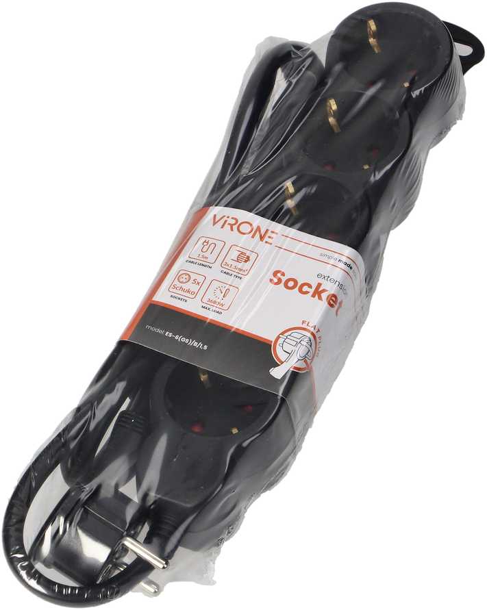 Orno 5-jų lizdų prailgintuvas su plokščia kištukine (Schuko), 1,5m