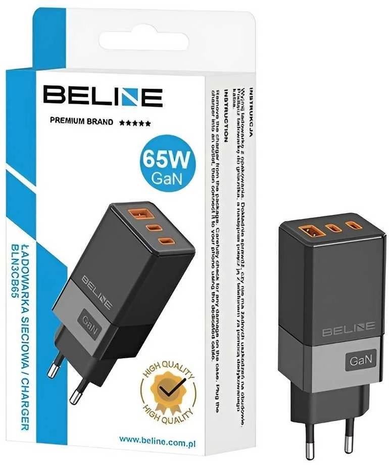 Beline laidinis įkroviklis 2x USB-C + 1x USB 65Wjuodos spalvos/juodos spalvos (head only) PD 3.0 + QC 3.0 BLN3CB65 GaN