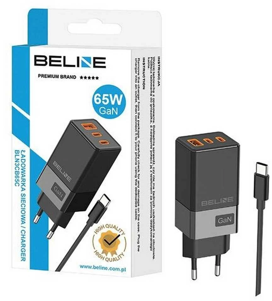 Beline Charger 2x USB-C + 1x USB 65W + USB-C cable juodos spalvos/juodos spalvos PD 3.0 + QC 3.0 BLN3CB65C GaN
