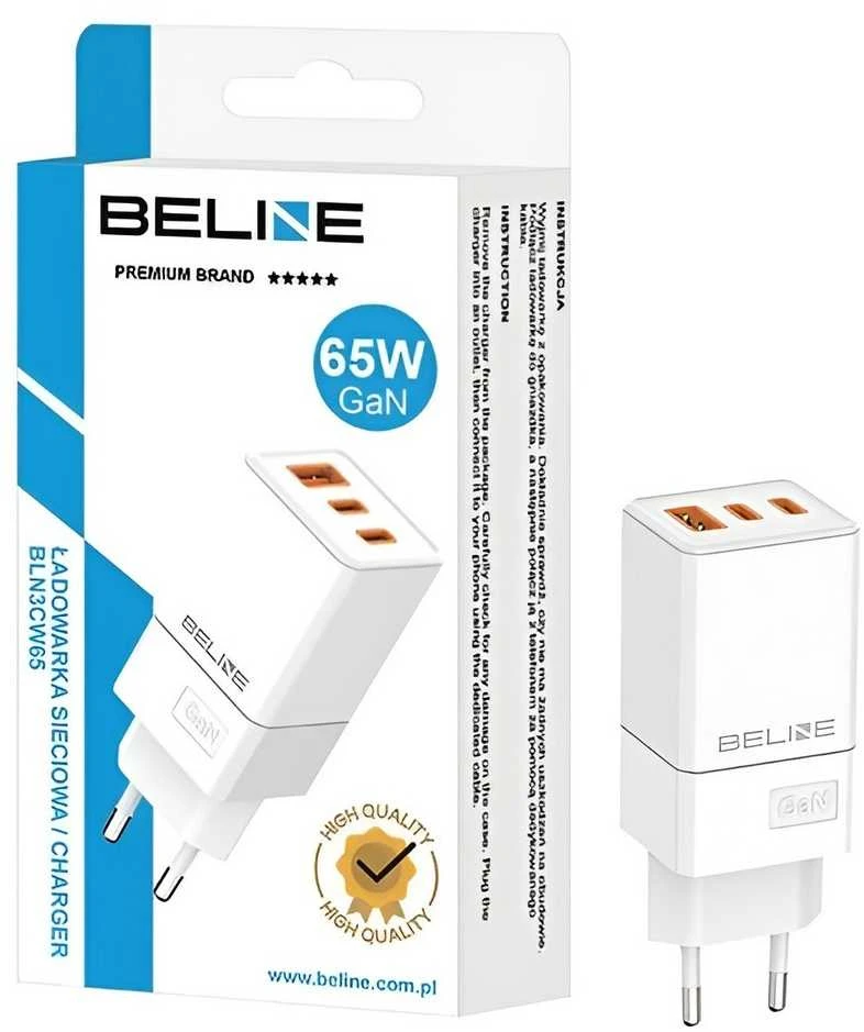 Beline įkroviklis 2x USB-C + 1x USB 65W baltos spalvos (tik antgalis) PD 3.0 + QC 3.0 BLN3CW65 GaN