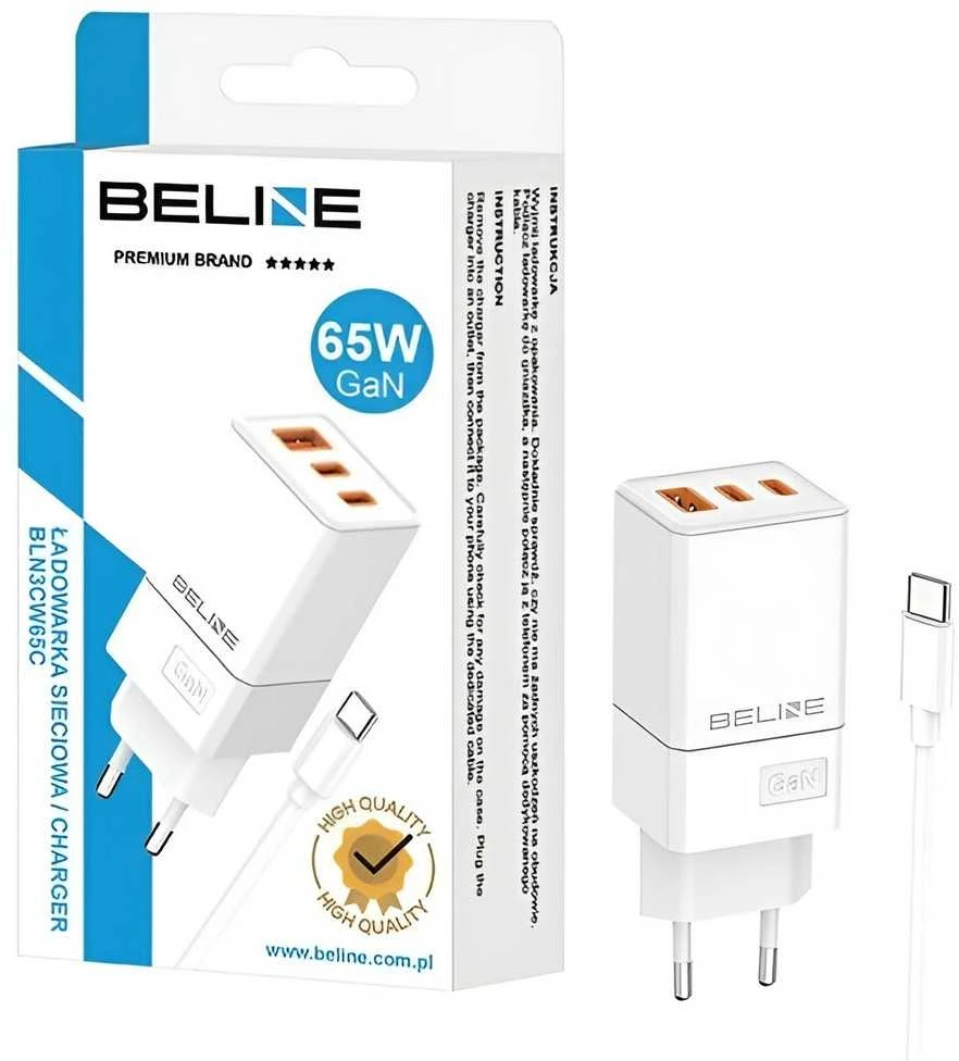 Beline įkroviklis 2x USB-C + 1x USB 65W + USB-C kabelis baltos spalvos PD 3.0 + QC 3.0 BLN3CW65C GaN