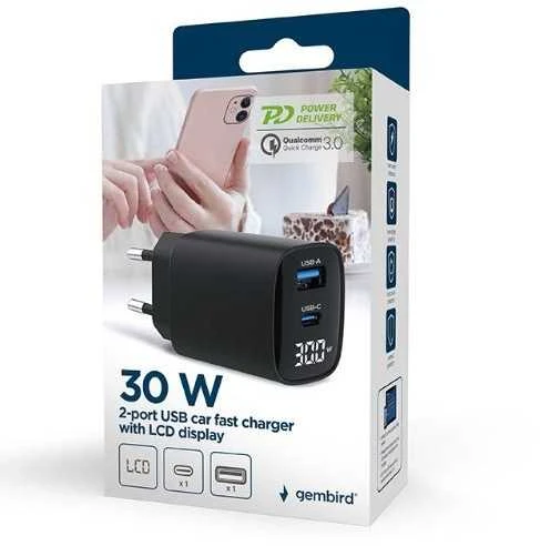 Gembird 30W įkroviklis su LCD ekranu ir dviem jungtimis