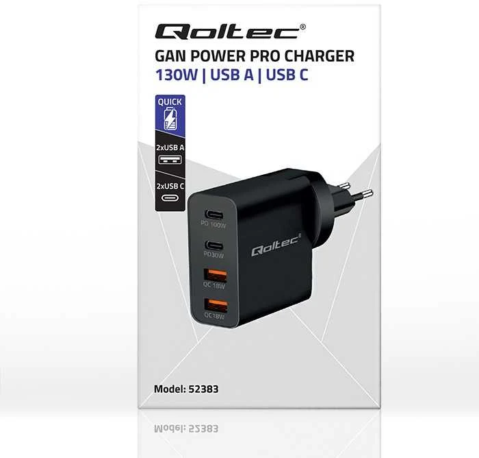 Adapteris Įkroviklis gan power pro 2xusb-c 2xusb 130w 5-20v 1.5-5a pd juodas Qoltec