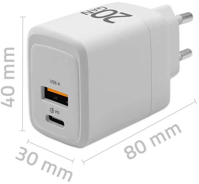 Adapteris Įkroviklis tinklo 20w gan 5-20v 1.5-3a 1 x usb-c pd usb qc 3.0 baltas Qoltec