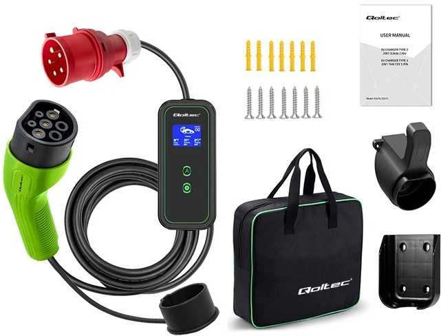 Nešiojamas reguliuojamas elektromobilių įkroviklis Qoltec 2in1 Type2 | 11kW | CEE 5 PIN | LCD | 3 fazių | Sieninė dėžutė | 5 m