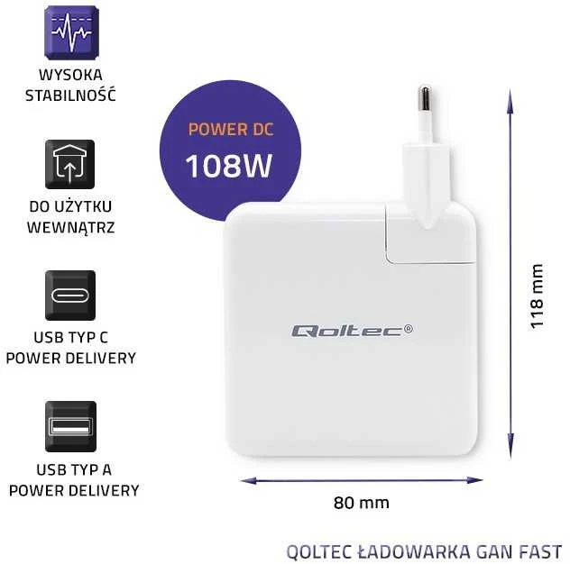 QOLTEC 51710 maitinimo įkroviklis GaN Fast 108W 5 20V 3 4.7A USB C Baltas