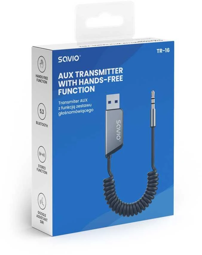 Savio TR-16 siųstuvo AUX adapteris su laisvų rankų funkcija, Bluetooth 5.3, Google Assistant/Siri