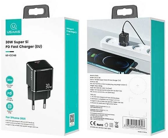 USAMS Laidinis įkroviklis 1xUSB-C T45 mini 30W (only head) PD3.0 Fast Charging juodos spalvos CC148TC01 (US-CC14)