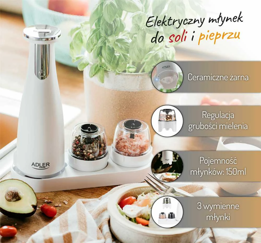 Adler | Elektrinis druskos ir pipirų malūnėlis | AD 4449w | Korpuso medžiaga ABS plastikas | 7 W | Ličio | Matinis baltas