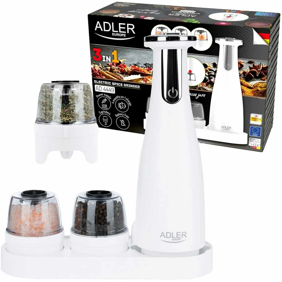 Adler | Elektrinis druskos ir pipirų malūnėlis | AD 4449w | Korpuso medžiaga ABS plastikas | 7 W | Ličio | Matinis baltas