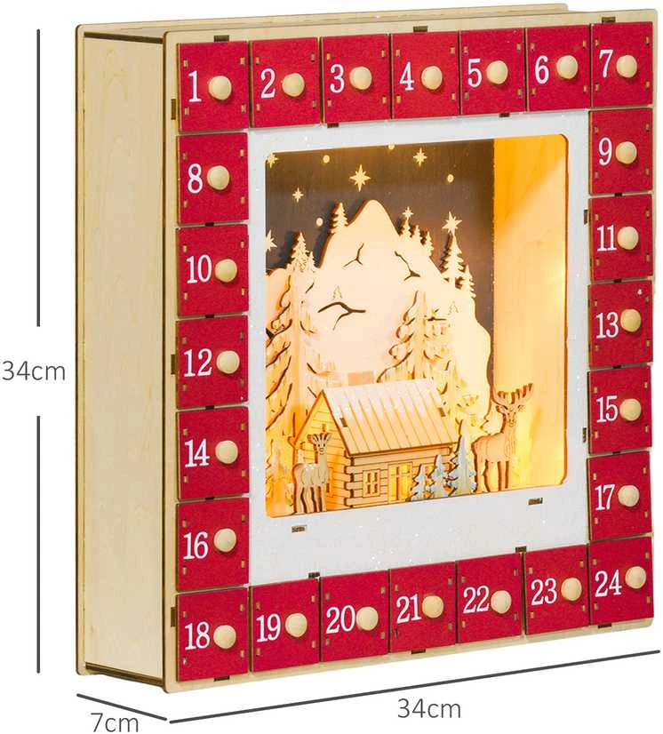 HOMCOM advento kalendorius su 24 stalčiais, pildomas, su LED lemputėmis, kalėdinis kalendorius, dekoracija, MDF, 34 x 7 x 34 cm, raudonas