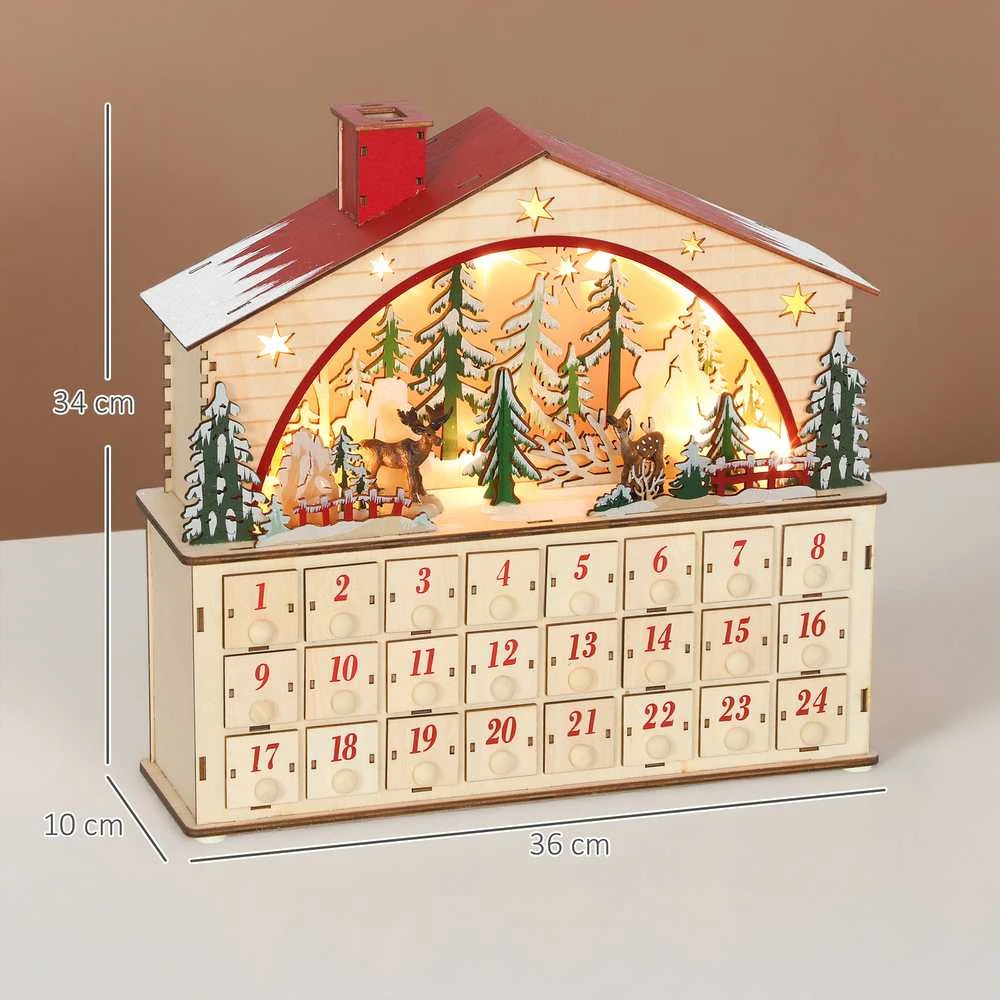 HOMCOM Adventų kalendorius pildomas, 24 stalčiai, kalėdinis kalendorius su LED lemputėmis, natūrali mediena, 36 x 10 x 34 cm