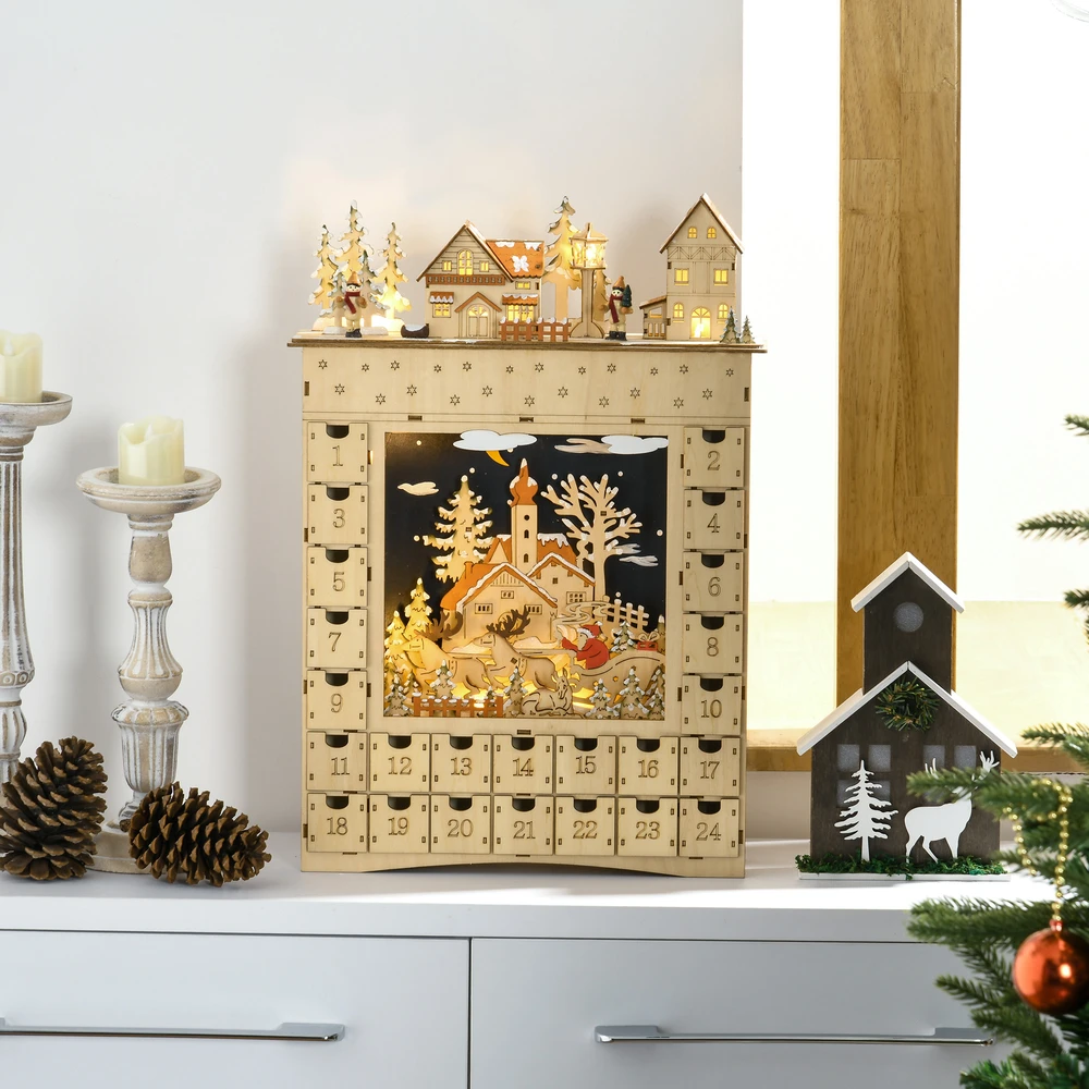 Advento kalendorius su 24 stalčiukais ir LED lemputėmis, natūralios medienos spalvos, 36 x 9 x 52 cm