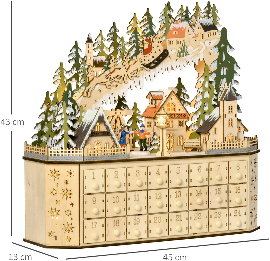 Advento kalendorius su 24 stalčiukais ir LED apšvietimu, natūralios medienos spalvos, 45 × 13 × 43 cm