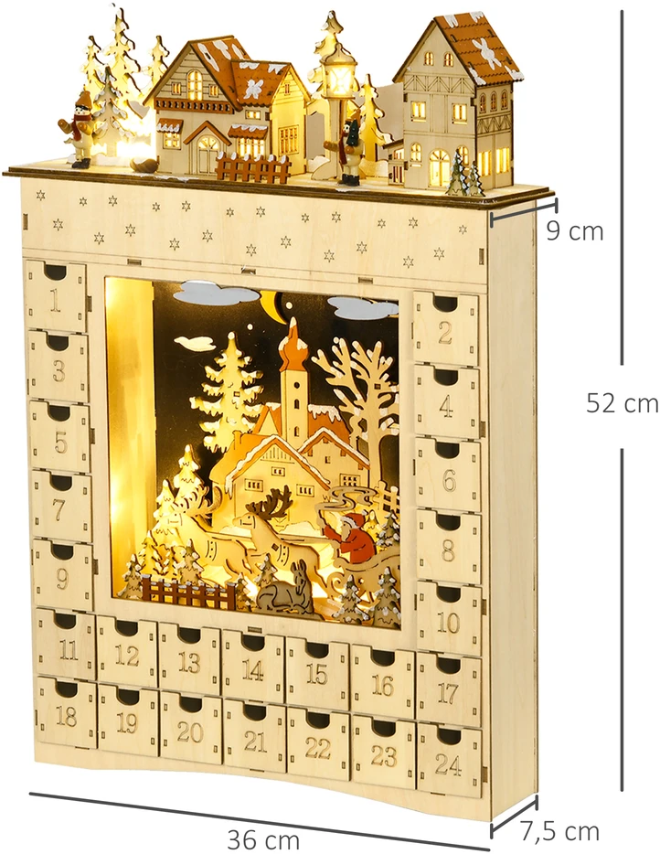 Advento kalendorius su 24 stalčiukais ir LED lemputėmis, natūralios medienos spalvos, 36 x 9 x 52 cm