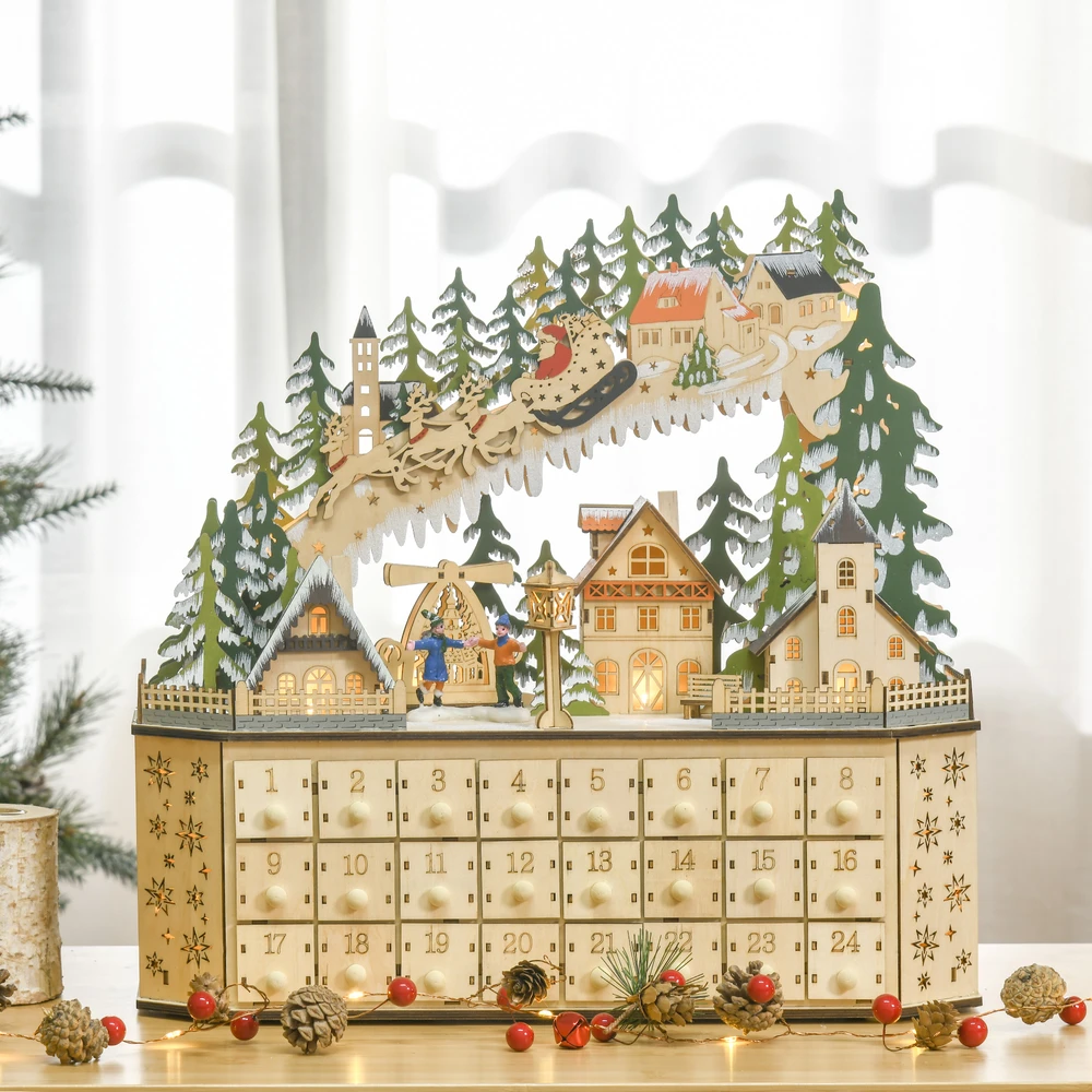 Advento kalendorius su 24 stalčiukais ir LED apšvietimu, natūralios medienos spalvos, 45 × 13 × 43 cm