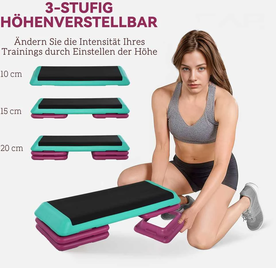 HOMCOM aerobikos ir fitneso treniruoklis stepo platforma, reguliuojamo aukščio 10 cm/15 cm/20 cm, PVC PP, juoda+žalia+violetinė, 110 x 40 x 20 cm