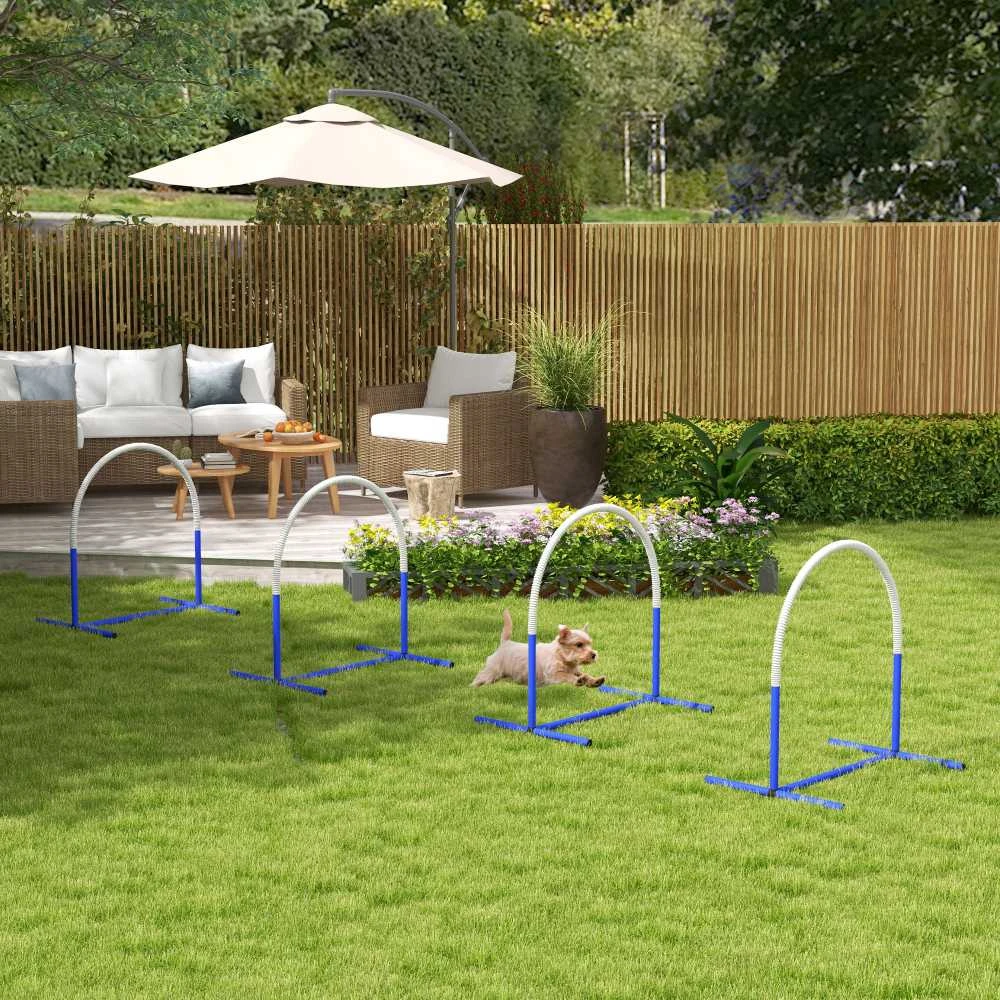 PawHut šunų dresūros įranga, Agility rinkinys šunims, 4 dalių kliūčių rinkinys vyresniems šunims, dresūros rinkinys su krepšiu, mėlyna/balta, 88 x 64 x 95 cm