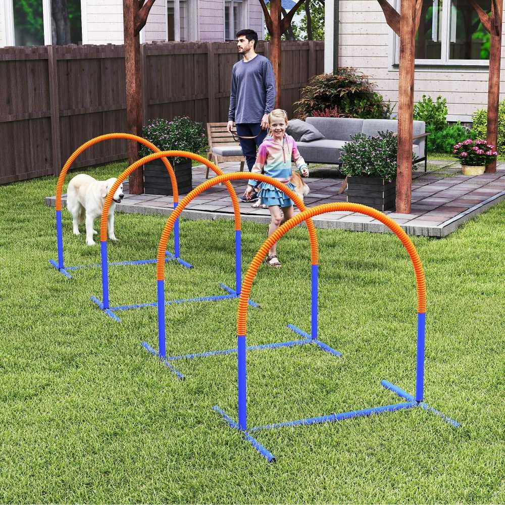 PawHut šunų dresūros įranga, šunų „Agility“ rinkinys, 4 dalių dresūros rinkinys su krepšiu, mėlyna ir oranžinė, 88 x 64 x 95 cm