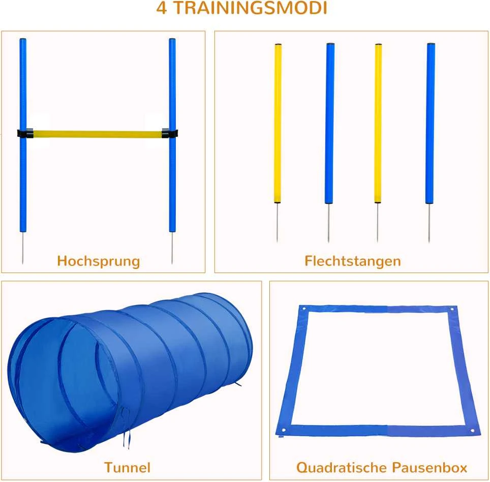 PawHut šunų dresūros rinkinys, šunų agility rinkinys, šunų dresūros kliūčių ruožas, įskaitant tunelį, slalomo stulpelius, kliūčių kartį, starto aikštelę, mėlynos ir geltonos spalvos