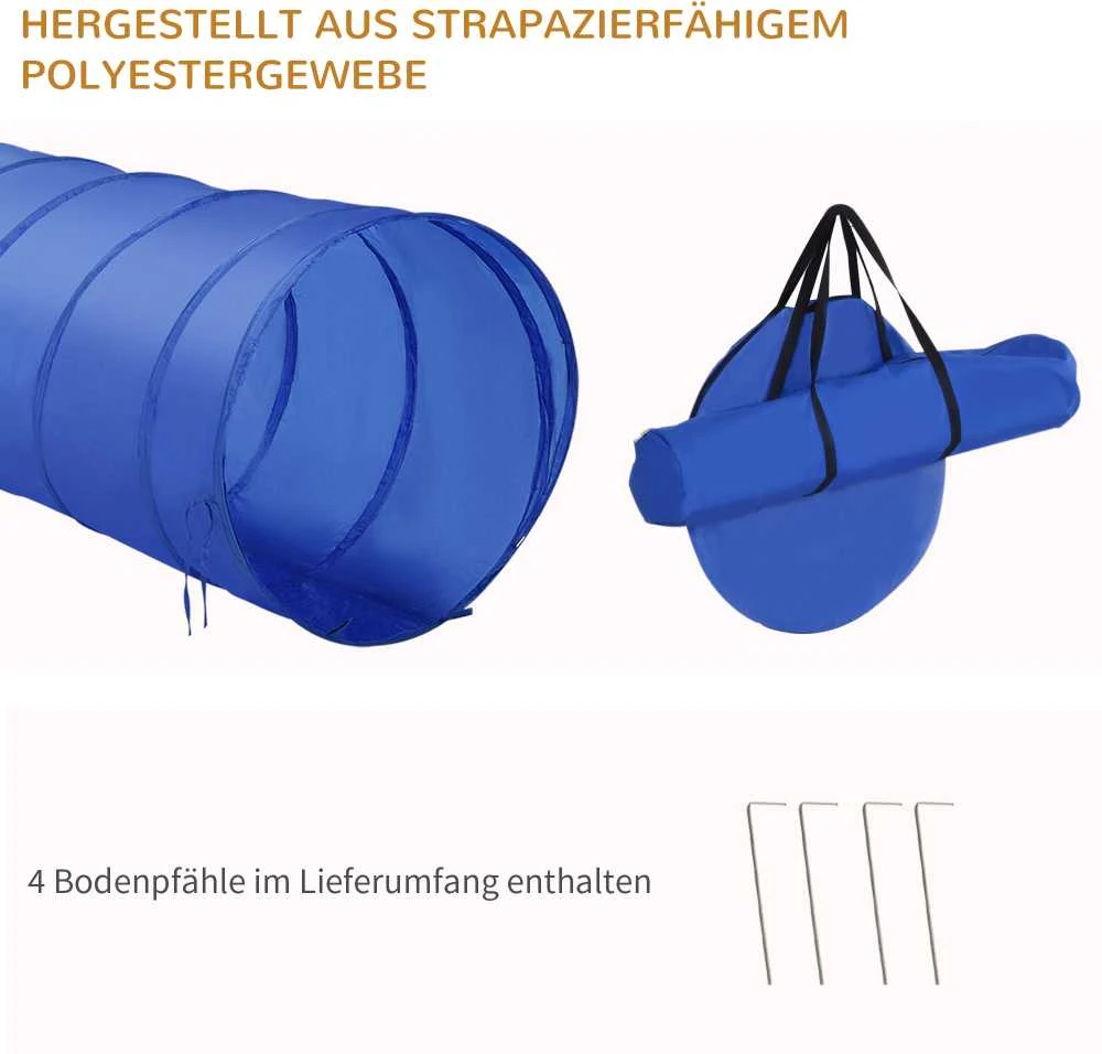 PawHut šunų dresūros rinkinys, šunų agility rinkinys, šunų dresūros kliūčių ruožas, įskaitant tunelį, slalomo stulpelius, kliūčių kartį, starto aikštelę, mėlynos ir geltonos spalvos