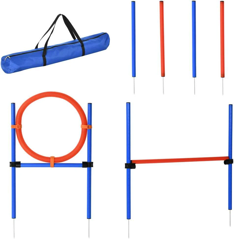 PawHut šunų dresūros įranga, agility treniruočių rinkinys, šunų agility rinkinys, 3-in-1 šunų sporto aikštelė, mėlyna+raudona