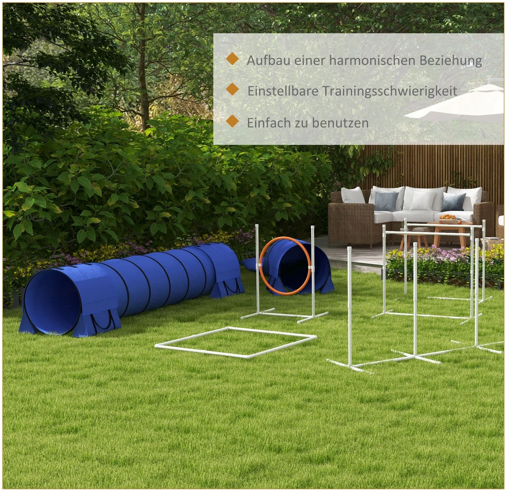 PawHut šunų vikrumo (agility) rinkinys, 7 dalių rinkinys su reguliuojamo aukščio kliūtimis, slalomo stulpais, poilsio dėže, tuneliu, šuolio žiedu, kliūčių rinkiniu, įskaitant švilpuką
