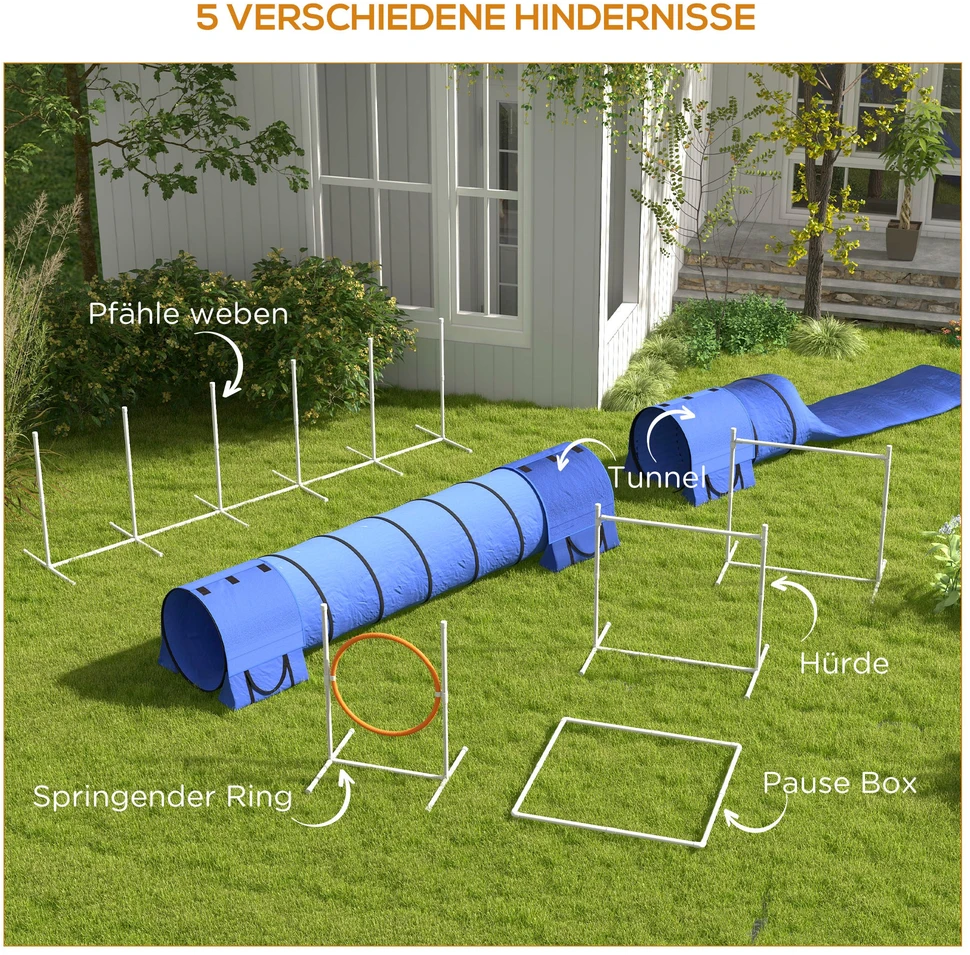 PawHut šunų vikrumo (agility) rinkinys, 7 dalių rinkinys su reguliuojamo aukščio kliūtimis, slalomo stulpais, poilsio dėže, tuneliu, šuolio žiedu, kliūčių rinkiniu, įskaitant švilpuką