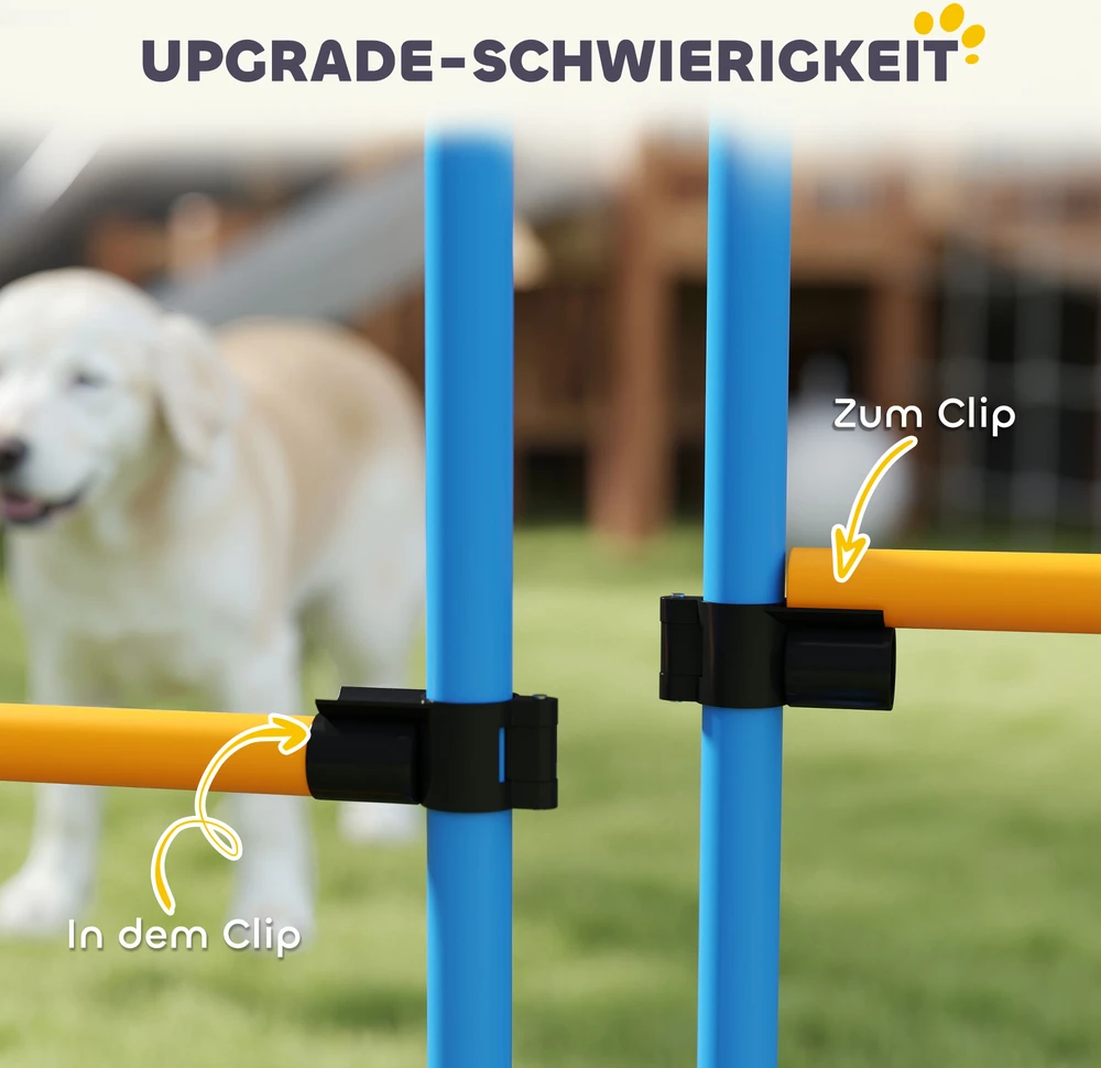 PawHut 9 dalių šunų vikrumo (agility) rinkinys, dresavimo įranga su barjerais, slalomo stulpeliais, šuolių lanku ir 2 kamuoliukais, reguliuojamo aukščio, koordinacijos lavinimui