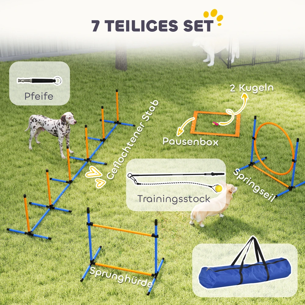 PawHut 9 dalių šunų vikrumo (agility) rinkinys, dresavimo įranga su barjerais, slalomo stulpeliais, šuolių lanku ir 2 kamuoliukais, reguliuojamo aukščio, koordinacijos lavinimui