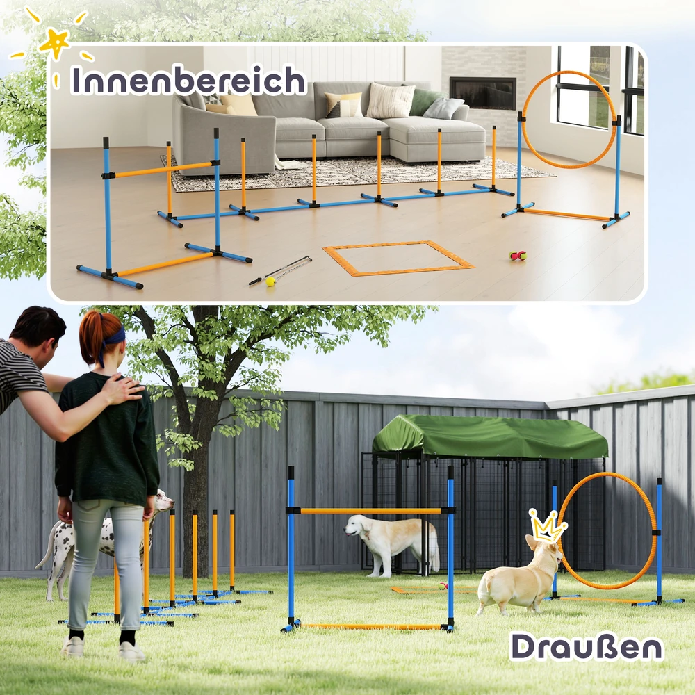 PawHut 9 dalių šunų vikrumo (agility) rinkinys, dresavimo įranga su barjerais, slalomo stulpeliais, šuolių lanku ir 2 kamuoliukais, reguliuojamo aukščio, koordinacijos lavinimui