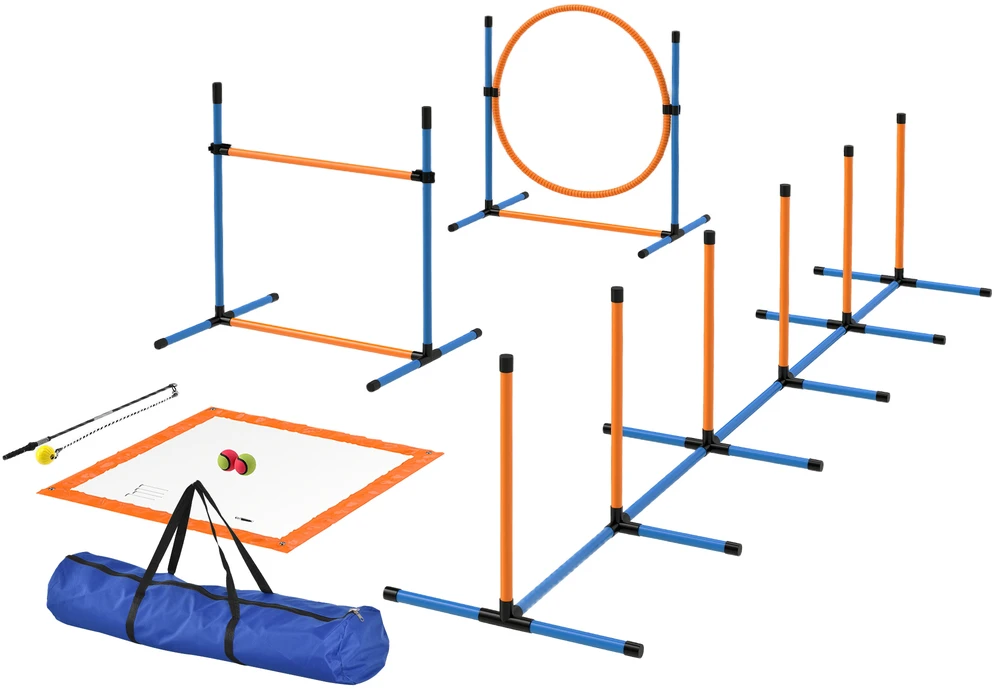 PawHut 9 dalių šunų vikrumo (agility) rinkinys, dresavimo įranga su barjerais, slalomo stulpeliais, šuolių lanku ir 2 kamuoliukais, reguliuojamo aukščio, koordinacijos lavinimui
