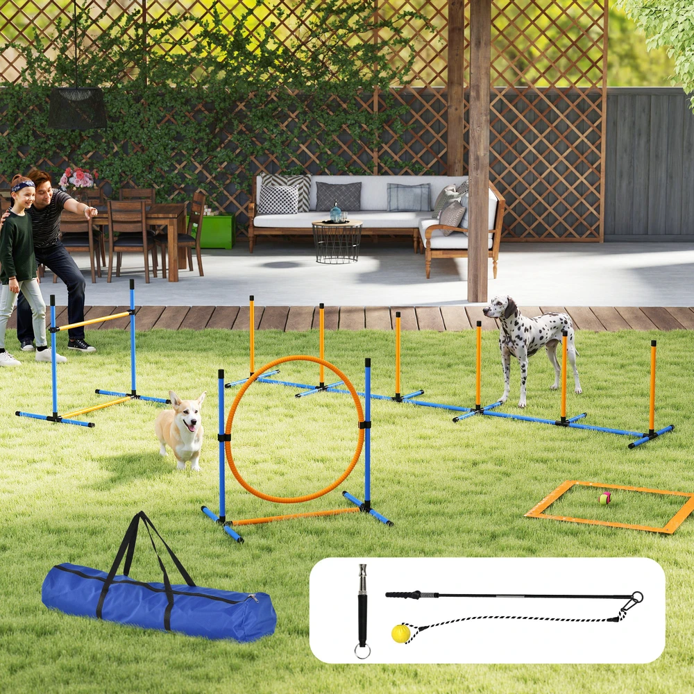 PawHut 9 dalių šunų vikrumo (agility) rinkinys, dresavimo įranga su barjerais, slalomo stulpeliais, šuolių lanku ir 2 kamuoliukais, reguliuojamo aukščio, koordinacijos lavinimui